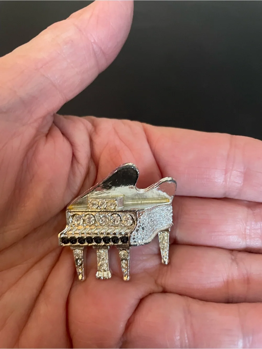 Piano-shaped Rhinestone Brooch - Silver with Black Accents- Unisex